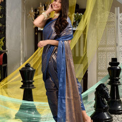 Bhagalpuri Cotton Tissue Silk Handloom Motif Designer Saree (Rhinaya_Blue) - View 4
