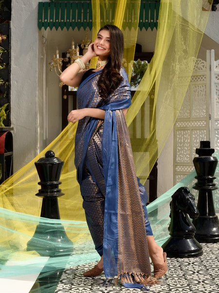 Bhagalpuri Cotton Tissue Silk Handloom Motif Designer Saree (Rhinaya_Blue) - View 4