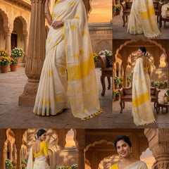 Handwoven Bhagalpuri Linen Blend Embroidered Saree With Contrast Blouse Piece(White_Yellow) - View 3
