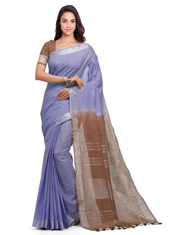Pale Purple & Coffee Brown women's Handloom Bhagalpuri Cotton Slub Blend Two Dye Saree With Running Unstitched Blouse Piece - View 2