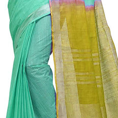 Aquamarine Turquoise & Pear Green women's Handloom Bhagalpuri Cotton Linen Blend Two Dye Saree With Running Unstitched Blouse Piece - View 5