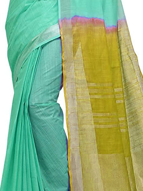 Aquamarine Turquoise & Pear Green women's Handloom Bhagalpuri Cotton Linen Blend Two Dye Saree With Running Unstitched Blouse Piece - View 5