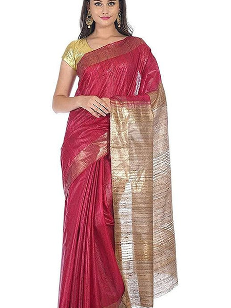 Two Dye Pure Tussar Ghicha Silk Handloom Saree (Cerise_Pink & Khahi_Brown)