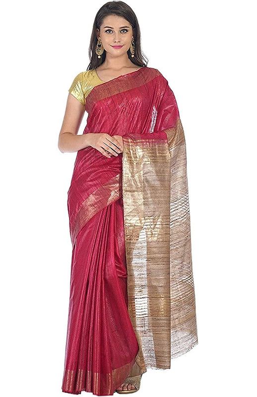 Two Dye Pure Tussar Ghicha Silk Handloom Saree (Cerise_Pink & Khahi_Brown)