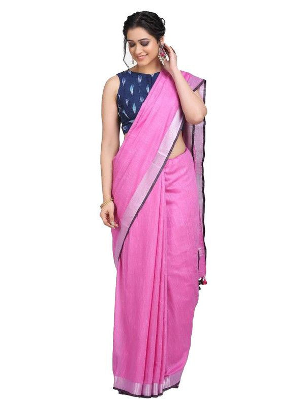 Linen Cotton Blend Contrast Handloom Bhagalpuri Saree (Persian_Pink-Black)