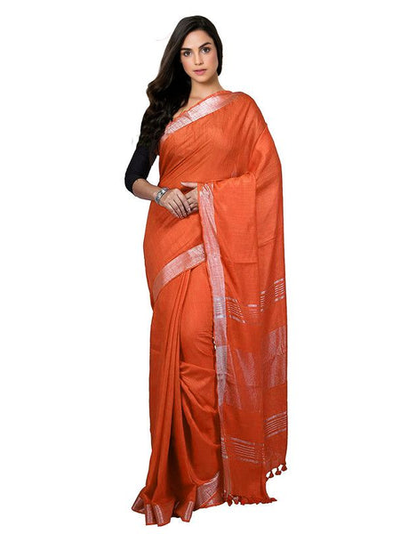 Orange Bhagalpuri women's Handloom Linen Cotton Ethnic Wear Saree With Running Unstitched Blouse Piece