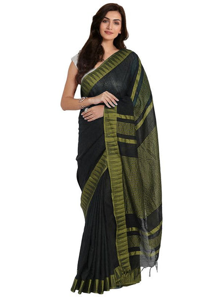 Black-Olive Green women's Bhagalpuri Handloom Katan Viscous Silk Temple Border Saree Ethnic Wear With Running Unstitched Striped Blouse Piece