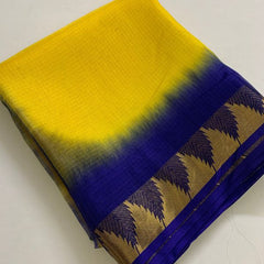 Organza Net Doriya Silk Two Dye Bhagalpuri Temple Border Saree (Canary Yellow & Dark_Blue) - View 2