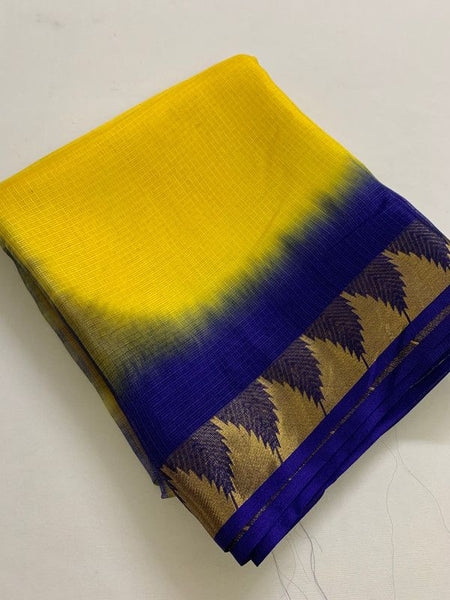 Organza Net Doriya Silk Two Dye Bhagalpuri Temple Border Saree (Canary Yellow & Dark_Blue) - View 2