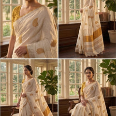 Handwoven Bhagalpuri Linen Blend Embroidered Saree With Contrast Blouse Piece(White_Orange) - View 5