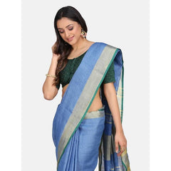 Linen Cotton Blend Contrast Handloom Bhagalpuri Saree for Women (Gold-Cove_Blue-Dark Green ) - View 4
