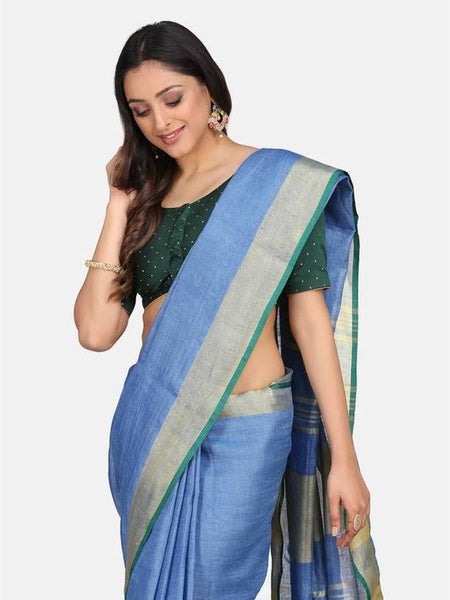 Linen Cotton Blend Contrast Handloom Bhagalpuri Saree for Women (Gold-Cove_Blue-Dark Green ) - View 4
