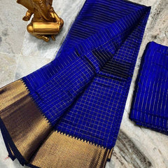Cotton Silk Handloom Bhagalpuri Wide Border Check Saree (Gold-Duke_Blue)