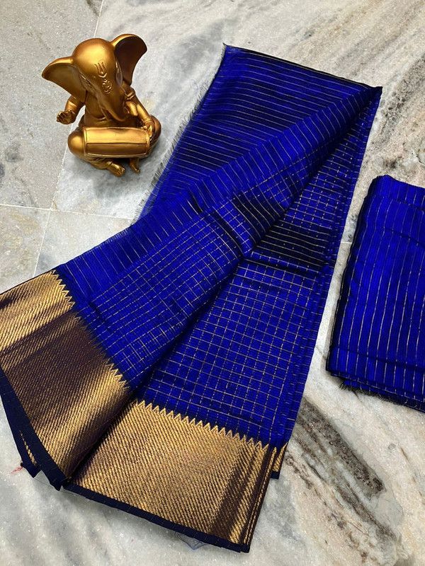 Cotton Silk Handloom Bhagalpuri Wide Border Check Saree (Gold-Duke_Blue)