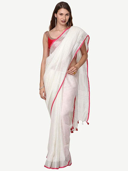 White-Pink women's Handloom Bhagalpuri Cotton Linen Blend Saree Ethnic Wear With Contrast Unstitched Blouse Piece - View 4