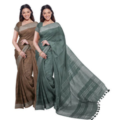 Brown & Hookers' Green women's Bhagalpuri Handloom Cotton-Linen Blend Saree Combo (Pack Of 2) With Running Unstiched Blouse Piece