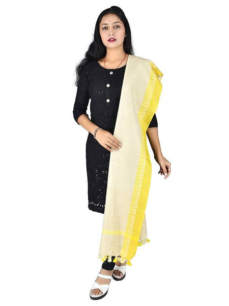 Temple Border Handloom Linen Bhagalpuri Dupatta (Canary Yellow)