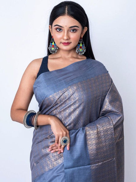 Munga Silk Cotton Handloom Zari Weaving Designer Saree (Vista_Grey) - View 3
