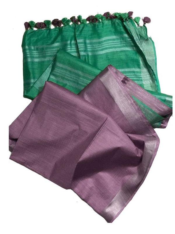 Mint Green & Rosy Brown Bhagalpuri women's Ethnic Wear Handloom Linen Cotton Blend Zari Border Two Dye Saree With Running Unstitched Blouse Piece - View 2