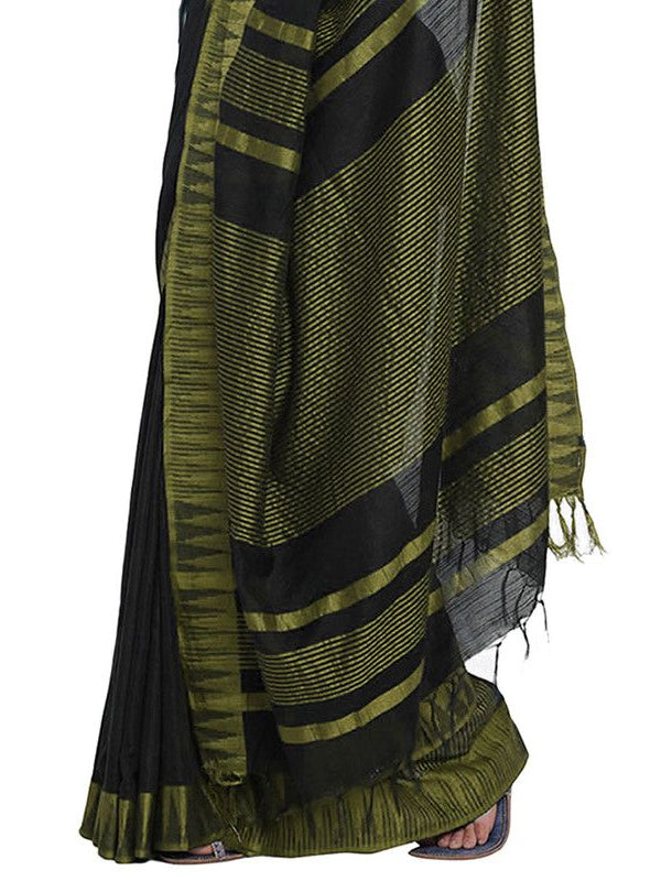 Black-Olive Green women's Bhagalpuri Handloom Katan Viscous Silk Temple Border Saree Ethnic Wear With Running Unstitched Striped Blouse Piece - View 8