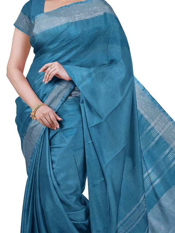 Brown & Cerulean Blue women's Bhagalpuri Handloom Cotton-Linen Blend Saree Combo (Pack Of 2) With Running Unstiched Blouse Piece - View 3