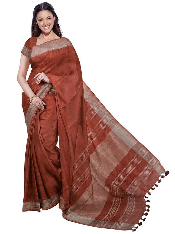 Cobalt Blue & Sienna Orange women's Bhagalpuri Handloom Cotton-Linen Blend Saree Combo (Pack Of 2) With Running Unstiched Blouse Piece - View 5