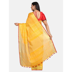 Linen Cotton Blend Contrast Handloom Bhagalpuri Saree for Women (Gold-Gamboge_Yellow-Red) - View 4