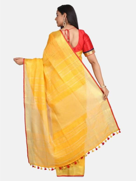 Linen Cotton Blend Contrast Handloom Bhagalpuri Saree for Women (Gold-Gamboge_Yellow-Red) - View 4