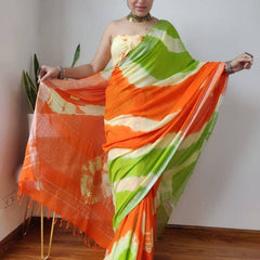 Sibory Dye Handloom Linen Bhagalpuri Multi Color Saree Parrot_Green-Creame-Orange)
