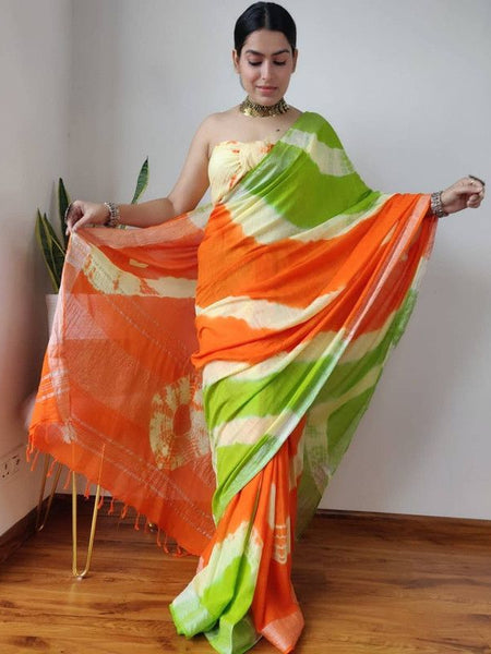 Sibory Dye Handloom Linen Bhagalpuri Multi Color Saree Parrot_Green-Creame-Orange)