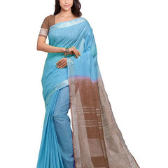Cyan & Brown women's Bhagalpuri Handloom Linen Slub Blend Two Dye Saree With Running Unstitched Blouse Piece