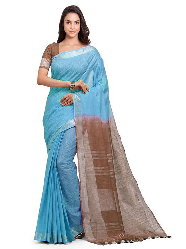 Cyan & Brown women's Bhagalpuri Handloom Linen Slub Blend Two Dye Saree With Running Unstitched Blouse Piece