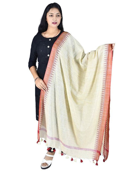 Red Handloom Temple Border Bhagalpuri Linen Dupatta - View 2
