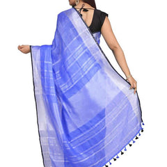 Neon Blue women's Bhagalpuri Blend Linen Saree With Black Pipine Contrast Blouse Piece