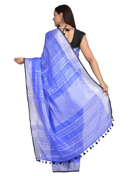 Neon Blue women's Bhagalpuri Blend Linen Saree With Black Pipine Contrast Blouse Piece