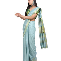 Linen Cotton Blend Contrast Handloom Bhagalpuri Saree (Gold-Mint_Cyan-Parrot_Green) - View 2