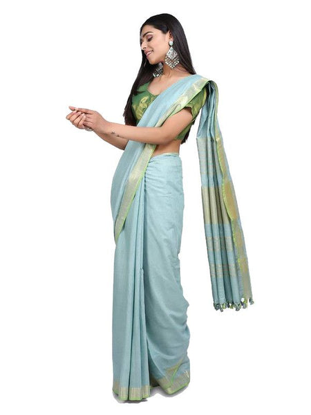 Linen Cotton Blend Contrast Handloom Bhagalpuri Saree (Gold-Mint_Cyan-Parrot_Green) - View 2