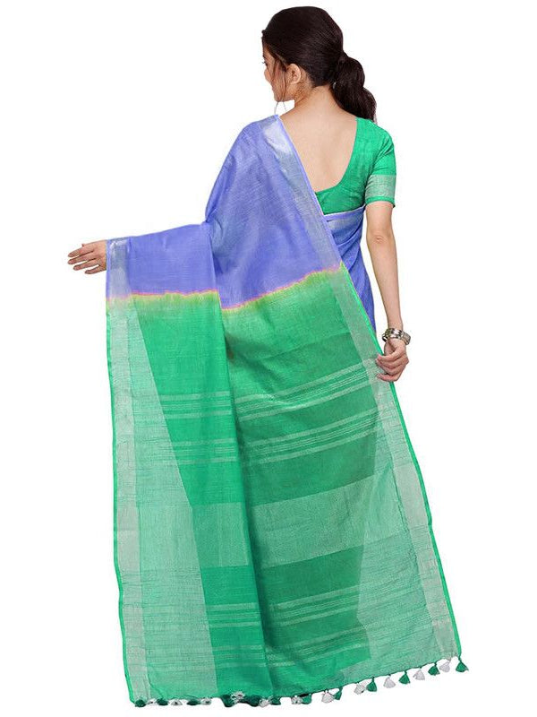 Iris Blue & Aquamarine Turquoise women's Handloom Bhagalpuri Linen Cotton Slub Blend Two Dye Saree With Running Unstitched Blouse Piece - View 5