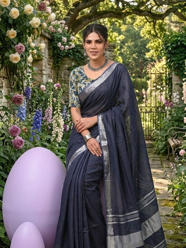 Handwoven Linen Blend Saree With Running Blouse Piece(Grey)