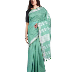 Mint Green women's Handloom Bhagalpuri Linen-Cotton Saree With Contrast Blouse Piece