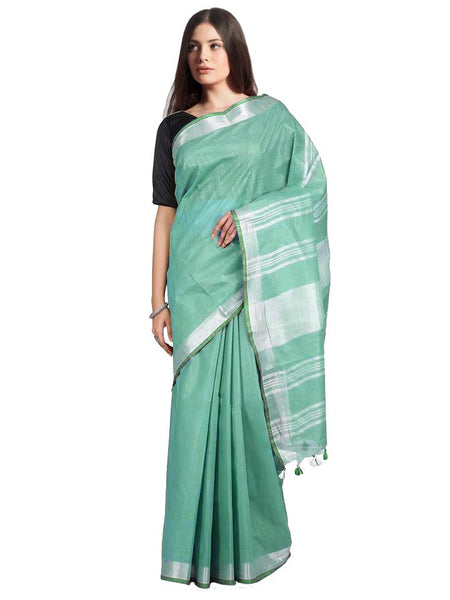 Mint Green women's Handloom Bhagalpuri Linen-Cotton Saree With Contrast Blouse Piece