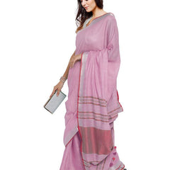 Carnation Pink-Pink women's Bhagalpuri Handloom Cotton Linen Blend Contrast Pallu Saree And Unstitched Contrast Blouse Piece - View 2