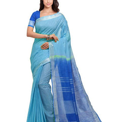 Electric Blue & Azure Cyan women's Handloom Bhagalpuri Linen Blend Two Dye Saree With Running Unstitched Blouse Piece