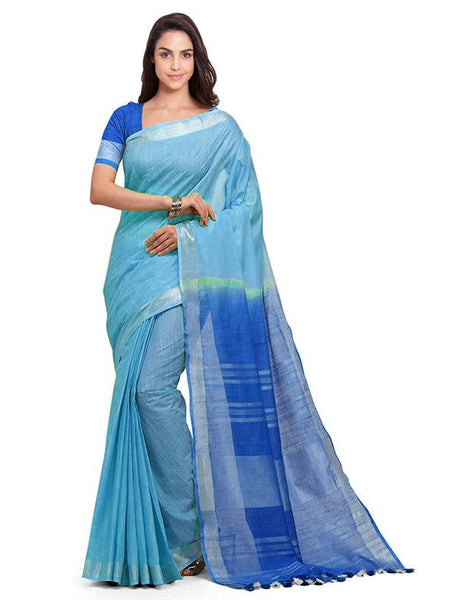 Electric Blue & Azure Cyan women's Handloom Bhagalpuri Linen Blend Two Dye Saree With Running Unstitched Blouse Piece