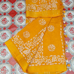 Linen Cotton Blend Handloom Batik Print Saree (GLBR_Gold-Gamboge_Yellow) - View 7