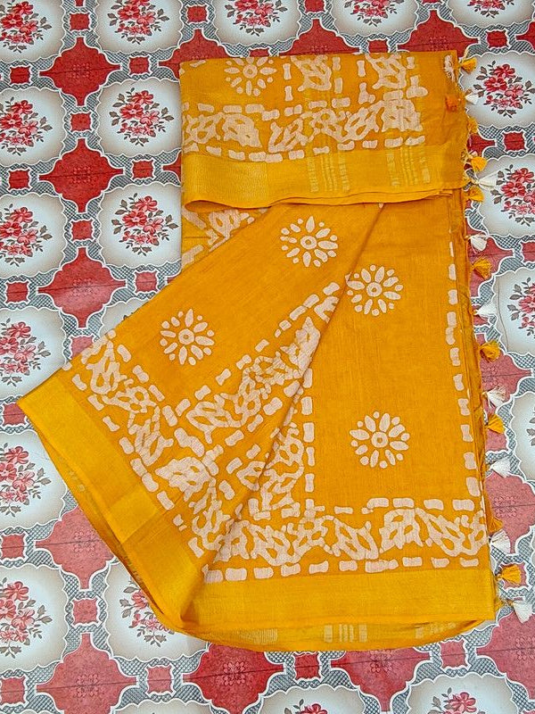 Linen Cotton Blend Handloom Batik Print Saree (GLBR_Gold-Gamboge_Yellow) - View 7
