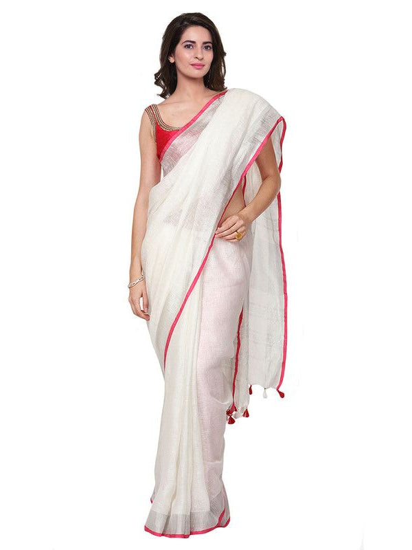 Bhagalpuri Handloom Linen Cotton Blend White Saree With Silver Zari Border And Contrast Unstitched Blouse Piece