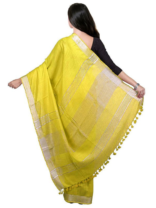 Lemon Yellow Bhagalpuri women's Handloom Linen Cotton Ethnic Wear Saree With Running Unstitched Blouse Piece - View 4