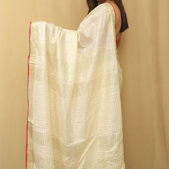Gold Zari Check Pattern Handloom Bhagalpuri Linen Cotton Blend Saree - View 5