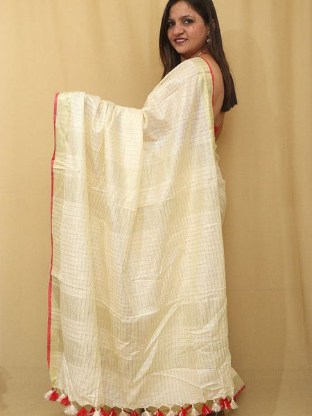 Gold Zari Check Pattern Handloom Bhagalpuri Linen Cotton Blend Saree - View 5